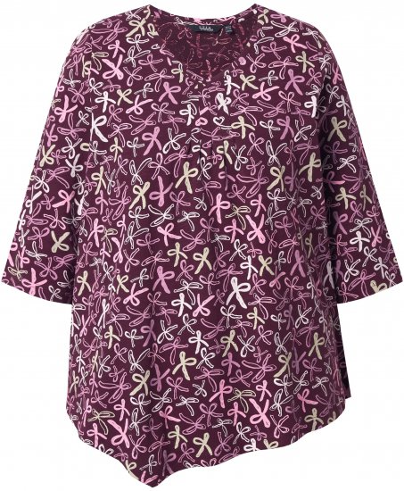 Ulla Popken Ribbon Print 3/4 Sleeve Asymmetric Tee Plum - Tricouri imprimate pentru femei - 