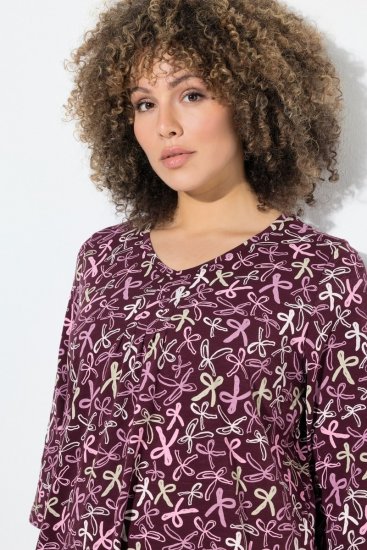 Ulla Popken Ribbon Print 3/4 Sleeve Asymmetric Tee Plum - Tricouri imprimate pentru femei - Tricouri cu imprimeu pentru femei