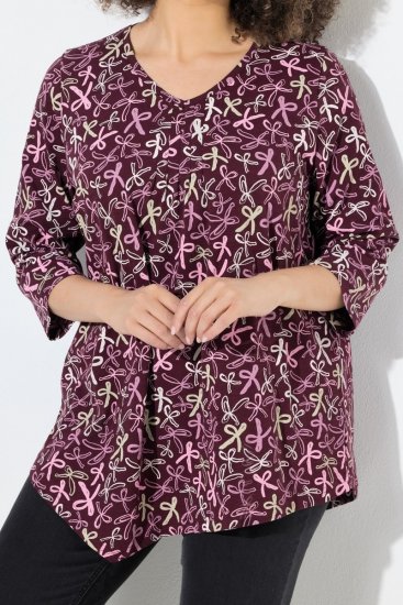 Ulla Popken Ribbon Print 3/4 Sleeve Asymmetric Tee Plum - Tricouri imprimate pentru femei - Tricouri cu imprimeu pentru femei