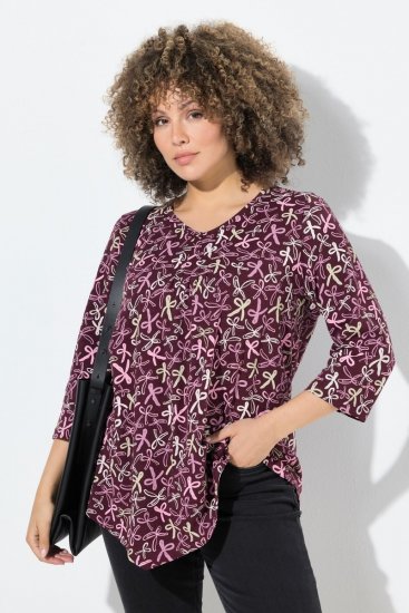 Ulla Popken Ribbon Print 3/4 Sleeve Asymmetric Tee Plum - Tricouri imprimate pentru femei - Tricouri cu imprimeu pentru femei