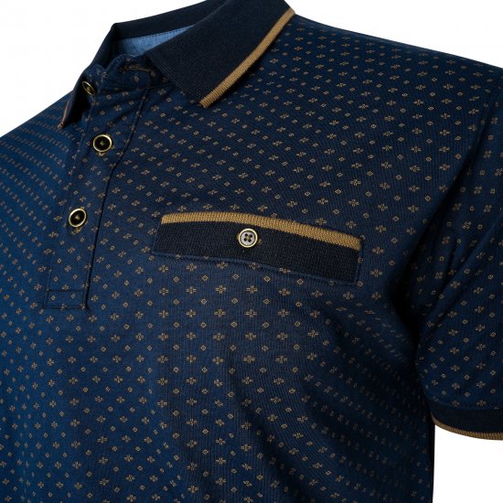 Kam Jeans 5529 AOP Mini Geo Print Polo Indigo - Tricouri polo - Tricouri Polo Bărbați Mărimi Mari
