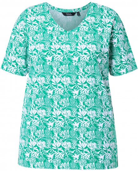 Ulla Popken Coral Reef Printed Short Sleeve V-Neck Tee Emerald - Tricouri imprimate pentru femei - 