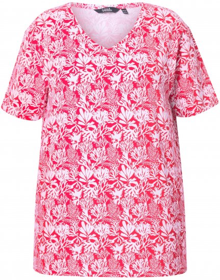 Ulla Popken Coral Reef Printed Short Sleeve V-Neck Tee Lychee - Tricouri imprimate pentru femei - 