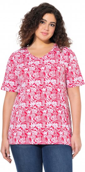 Ulla Popken Coral Reef Printed Short Sleeve V-Neck Tee Lychee - Tricouri imprimate pentru femei - 