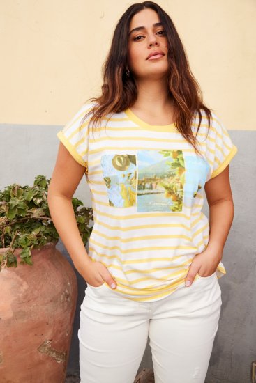 Ulla Popken Striped Short Sleeve Citrus Graphic Tee Sun Yellow - Tricouri imprimate pentru femei - 