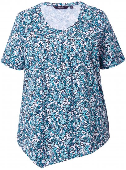 Ulla Popken Floral Pointed Hem Short Sleeve Tee Deep Aqua - Tricouri imprimate pentru femei - 