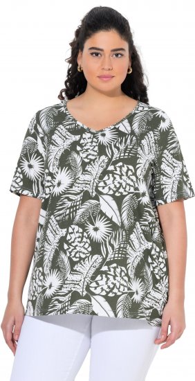 Ulla Popken Feather Print Short Sleeve V-Neck Tee Olive Grey - Tricouri imprimate pentru femei - 