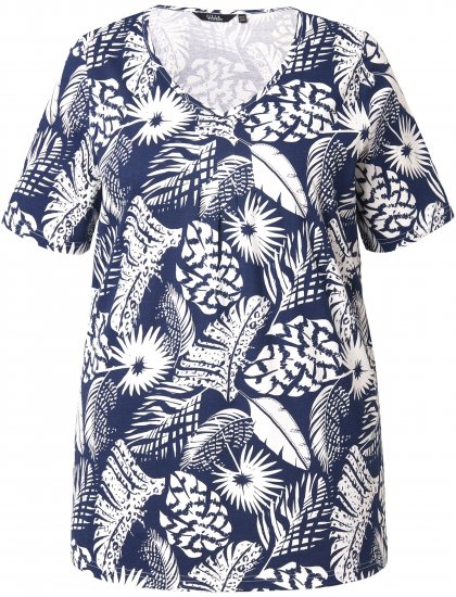 Ulla Popken Feather Print Short Sleeve V-Neck Tee Ink Blue - Tricouri imprimate pentru femei - 