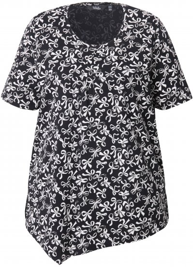 Ulla Popken Bow Print Short Sleeve Pointed Hem Tee Black - Tricouri imprimate pentru femei - 