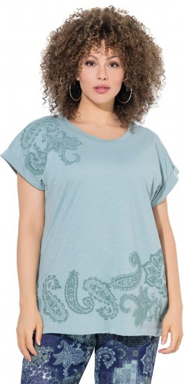 Ulla Popken Textured Paisley Motif Cap Sleeve Tee Light Moss Green - Tricouri imprimate pentru femei - 