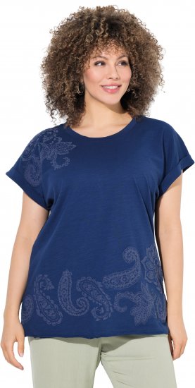 Ulla Popken Textured Paisley Motif Cap Sleeve Tee Navy - Tricouri imprimate pentru femei - 