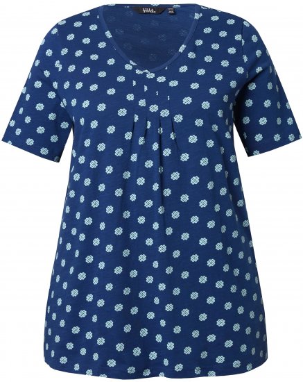 Ulla Popken Tile Print Short Sleeve Pleated Tee Dark Blue - Tricouri imprimate pentru femei - 