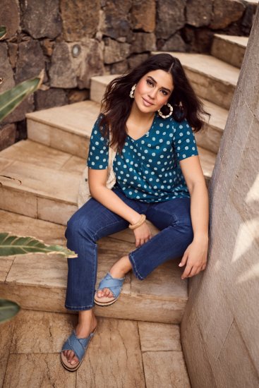 Ulla Popken Tile Print Short Sleeve Pleated Tee Teal - Tricouri imprimate pentru femei - 