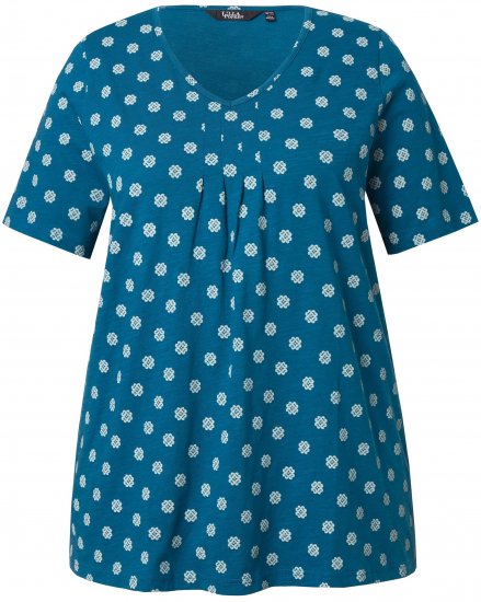 Ulla Popken Tile Print Short Sleeve Pleated Tee Teal - Tricouri imprimate pentru femei - 