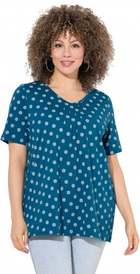 Ulla Popken Tile Print Short Sleeve Pleated Tee Teal - Tricouri imprimate pentru femei - 