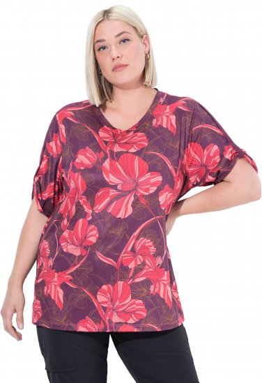 Ulla Popken Quick Drying Flower Print Short Sleeve Tee Dark Cherry - Tricouri imprimate pentru femei - 