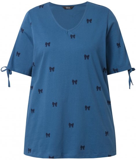 Ulla Popken Bow Print Split Sleeve Tee Indigo Denim - Tricouri imprimate pentru femei - 