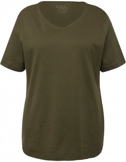 Ulla Popken Double Layer Rounded V-Neck Slim Fit Tee Forest Green - Tricouri - 