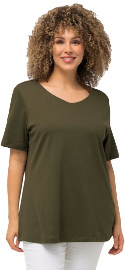 Ulla Popken Double Layer Rounded V-Neck Slim Fit Tee Forest Green - Tricouri - 