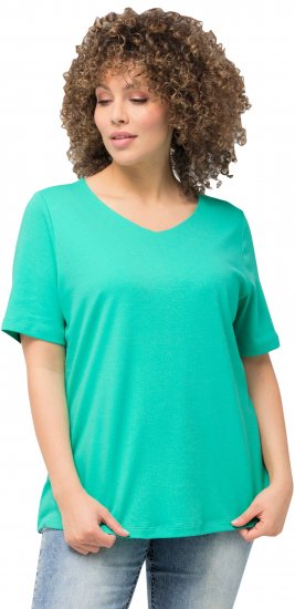 Ulla Popken Double Layer Rounded V-Neck Slim Fit Tee Turquioise Green - Tricouri - 