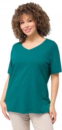 Ulla Popken Double Layer Rounded V-Neck Slim Fit Tee Dark Emerald - Tricouri - 