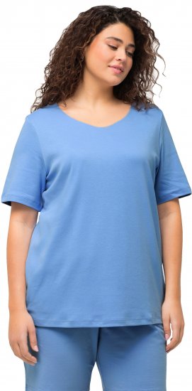Ulla Popken Double Layer Rounded V-Neck Slim Fit Tee Cloud Blue - Tricouri - 