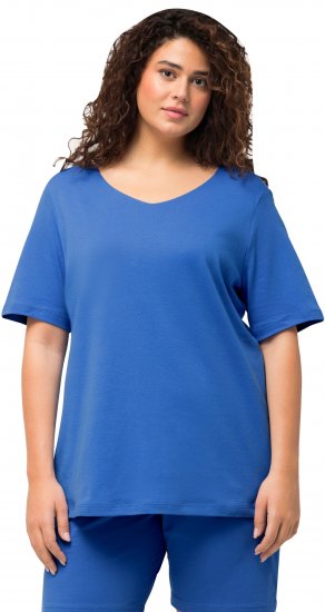 Ulla Popken Double Layer Rounded V-Neck Slim Fit Tee Blue - Tricouri - 
