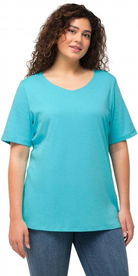 Ulla Popken Double Layer Rounded V-Neck Slim Fit Tee Deep Aqua - Tricouri - 