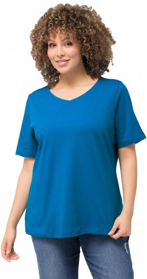 Ulla Popken Double Layer Rounded V-Neck Slim Fit Tee Medium Blue - Tricouri - 