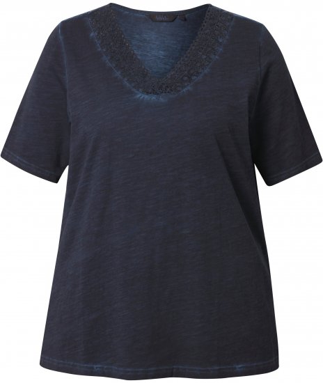 Ulla Popken Lace Trim Short Sleeve Tee Navy Blue - Tricouri - 