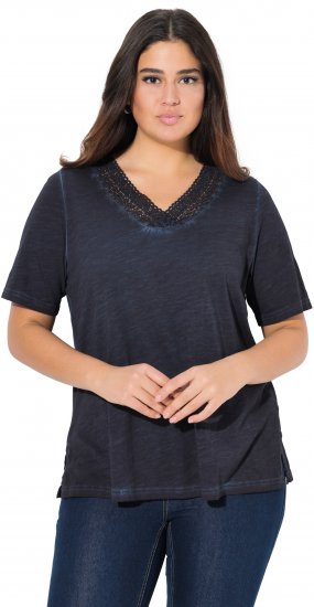 Ulla Popken Lace Trim Short Sleeve Tee Navy Blue - Tricouri - 