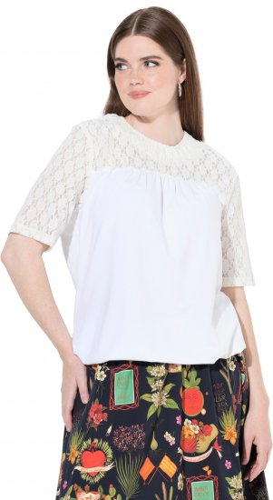 Ulla Popken Lace Yoke Short Sleeve T-Shirt Snow White - Tricouri - 