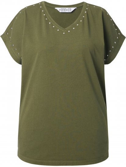 Ulla Popken Oversized studded Acid-washed V-Neck T-shirt Palm Green - Tricouri - 
