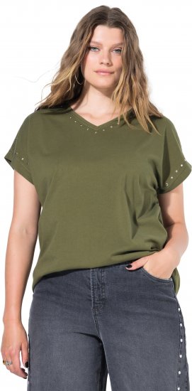Ulla Popken Oversized studded Acid-washed V-Neck T-shirt Palm Green - Tricouri - 