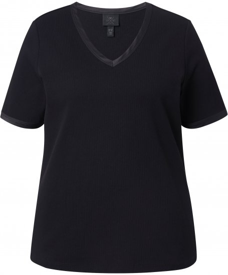 Ulla Popken Satin Trimmed Ribbed Jersey Short Sleeve T-Shirt Black - Tricouri - 