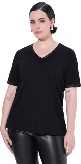 Ulla Popken Satin Trimmed Ribbed Jersey Short Sleeve T-Shirt Black - Tricouri - 