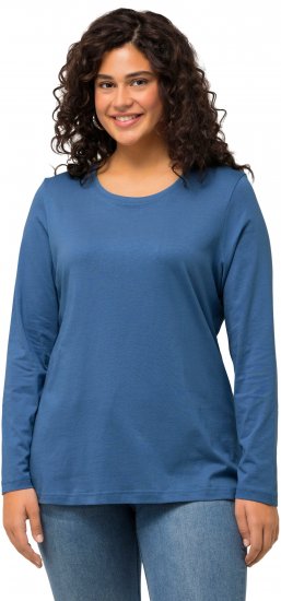 Ulla Popken Basic Round Neck Long Sleeve Slim Fit Cotton Tee Blue Denim - Tricouri - 