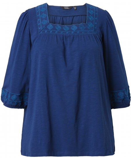 Ulla Popken Embroidered Detail 3/4 Sleeve Tee Dark Blue - Tricouri imprimate pentru femei - 