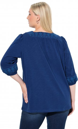 Ulla Popken Embroidered Detail 3/4 Sleeve Tee Dark Blue - Tricouri imprimate pentru femei - 