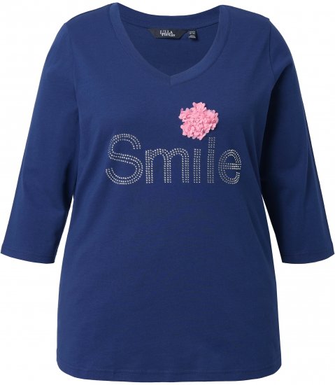 Ulla Popken Smile Rhinestone 3/4 Sleeve Graphic Tee Ink Blue - Tricouri imprimate pentru femei - 