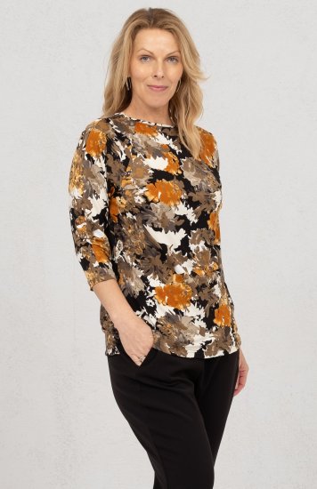 Scandinavian Caramel Flowers Blouse Orange and Brown - Tricouri imprimate pentru femei - 