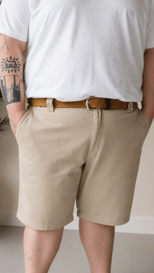 Kam Jeans 3402 Belted Dobby Weave Stretch Chino Shorts Beige - Pantaloni scurți - Pantaloni Scurți Mărimi mari Bărbați 
