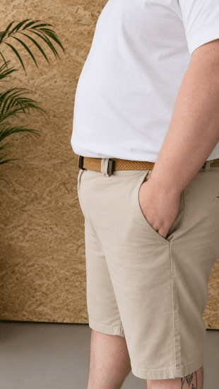 Kam Jeans 3402 Belted Dobby Weave Stretch Chino Shorts Beige - Pantaloni scurți - Pantaloni Scurți Mărimi mari Bărbați 